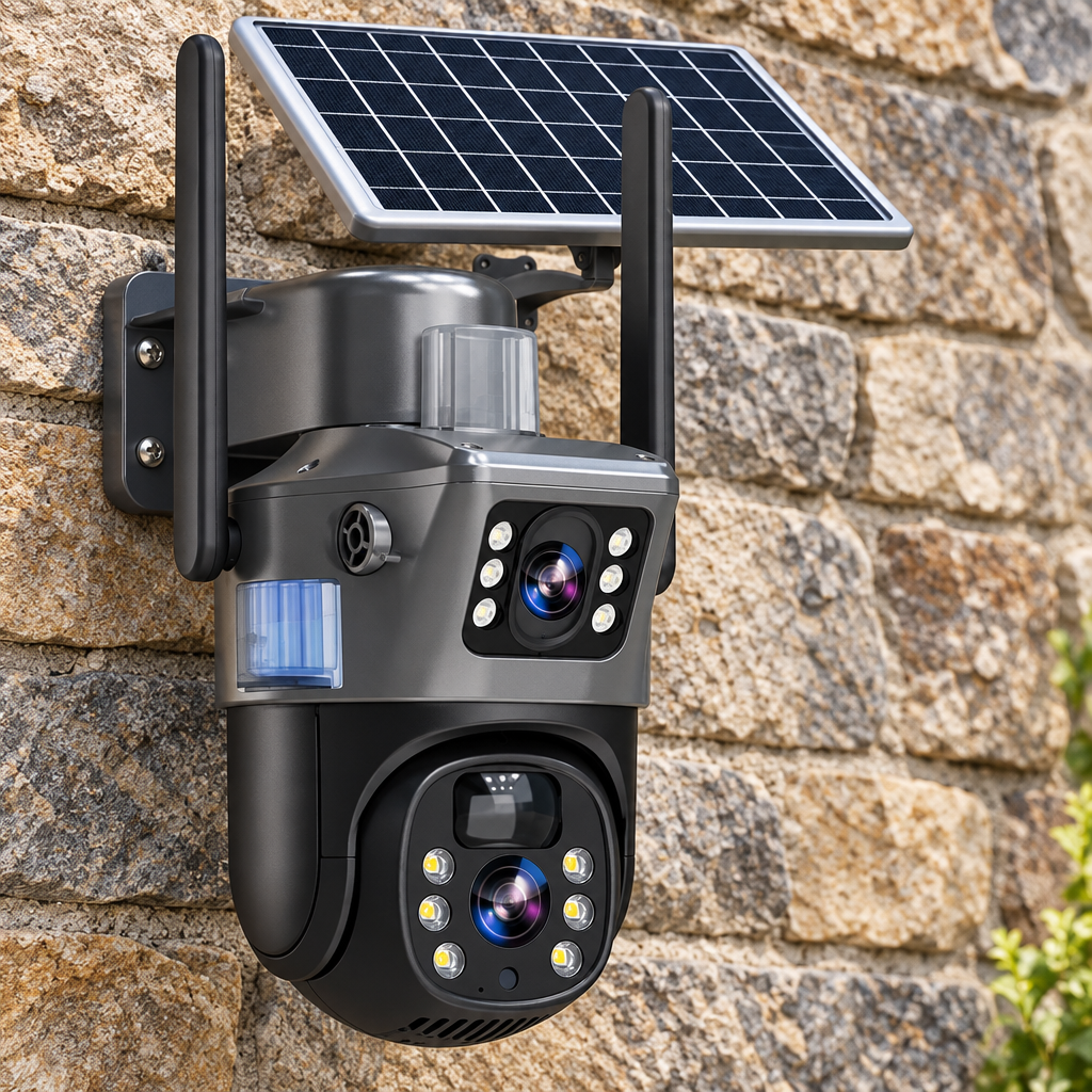 Dual-lens solar camera mounted on a rough stone wall, shown close up with its LED lights 14