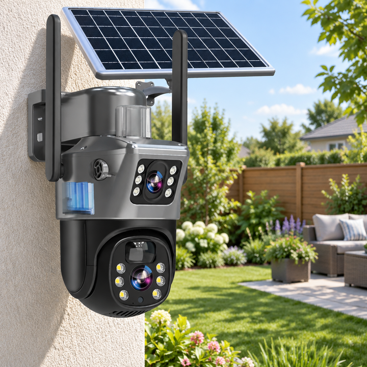 Dual-lens solar camera mounted on a stucco wall above a sunny backyard with patio furniture 1