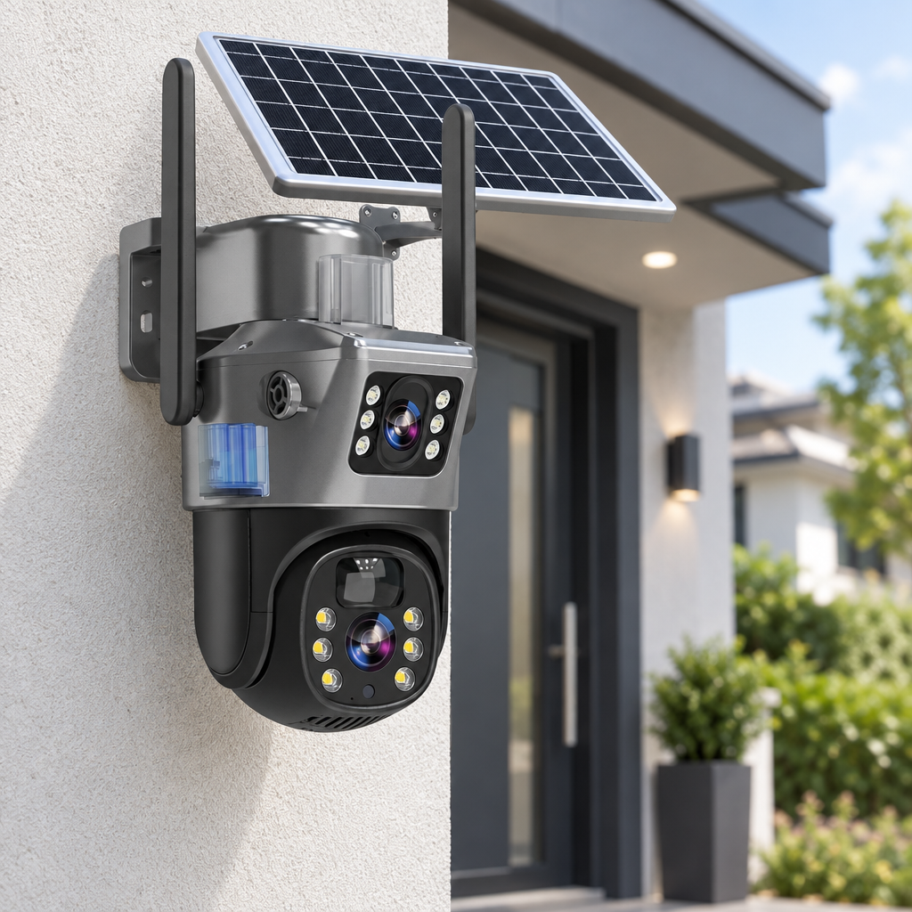 Dual-lens camera with solar panel and two antennas mounted on a house wall beside a front door 1