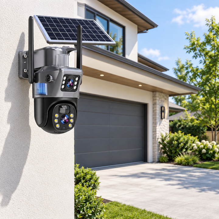 Dual-lens solar camera mounted on a stucco wall beside a modern house with a gray garage door 1