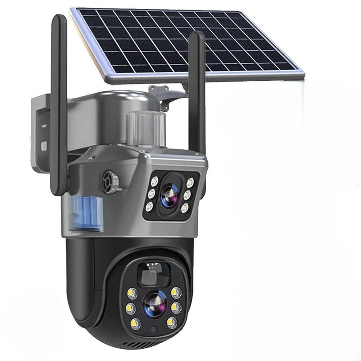 Dual-lens camera with solar panel and two antennas on a plain white background 2