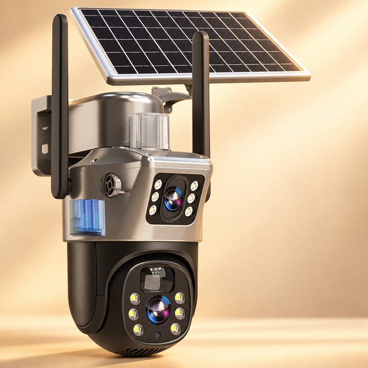 Studio shot of the dual-lens camera with solar panel and two antennas on a warm beige background 14