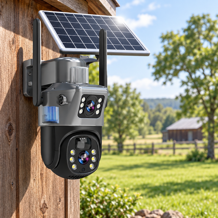 Dual-lens solar camera mounted on a weathered wooden wall, with a sunny farm field behind 1