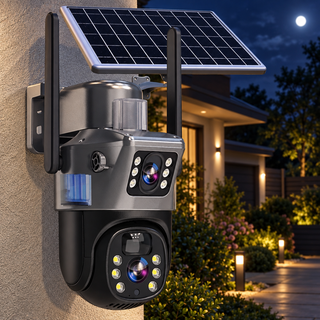 Dual-lens camera with solar panel mounted on a stucco wall at night beside a lit garden path 1