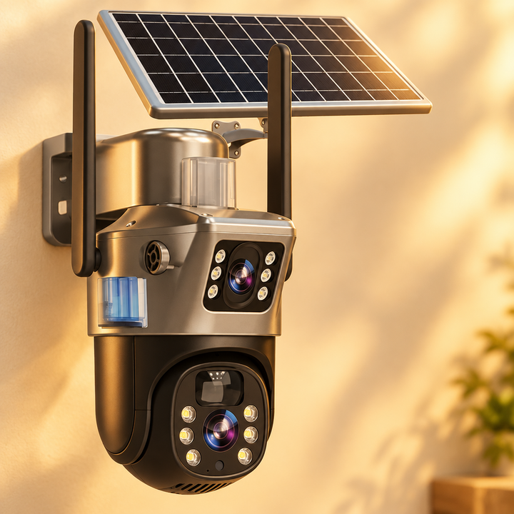 Close-up of the dual-lens camera and solar panel on a wall in warm golden light 14