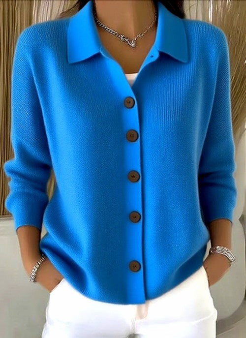 Women's cardigan in bright blue with a turned-down collar and button front, another view.