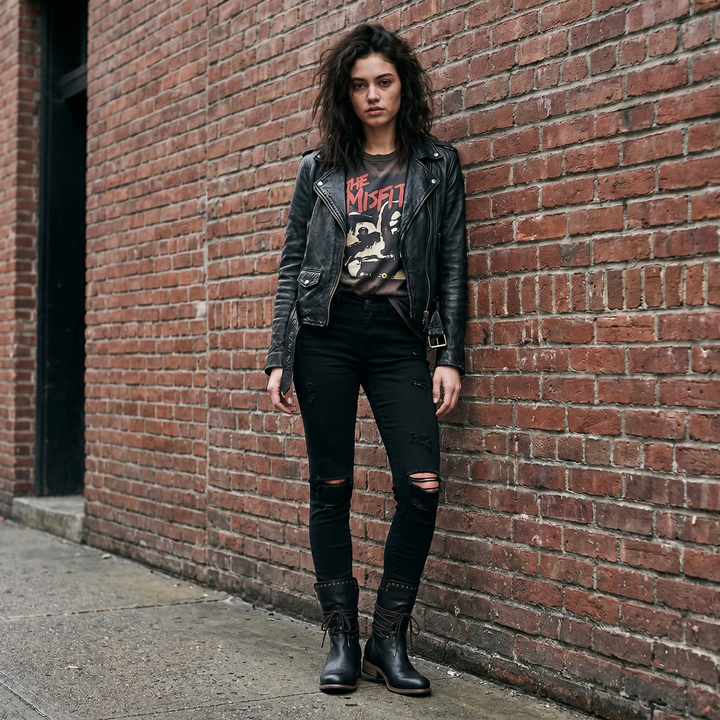 Black studded lace-up boots with ripped black jeans, leather jacket and graphic tee.