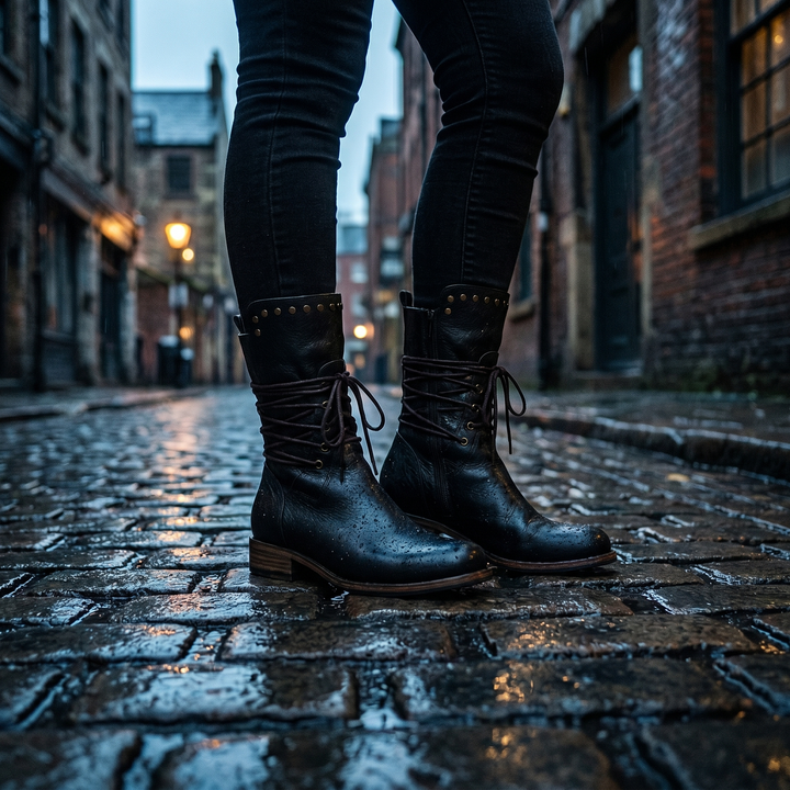 Black studded lace-up boots with wet leather and black skinny jeans on a rainy cobblestone street.