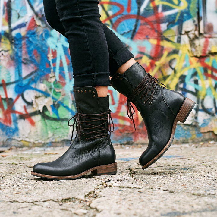 Black studded lace-up boots with cuffed black jeans in front of a graffiti wall.