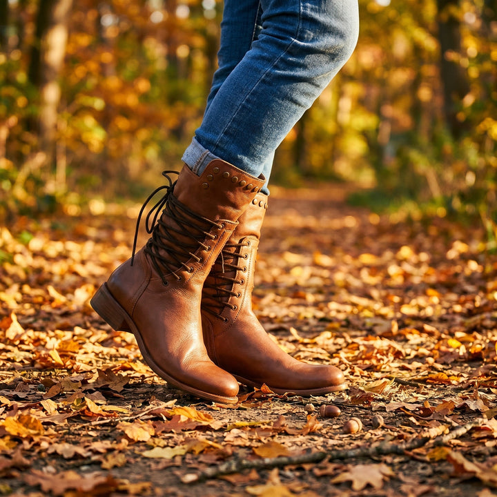 Tan brown lace-up boots with studded cuffs worn with cuffed jeans on a forest path.