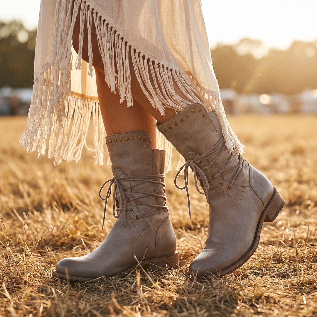 Model walking through a sunlit dry grass field in taupe studded boots with back lacing, wearing a cream fringed skirt. 21