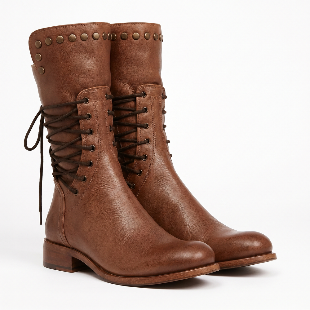 Pair of tan brown leather boots from the front, showing the studded cuff, dark lacing and low stacked heel.