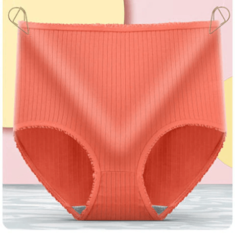 Orange-coral ribbed leakproof panties detail with the lining panel inside