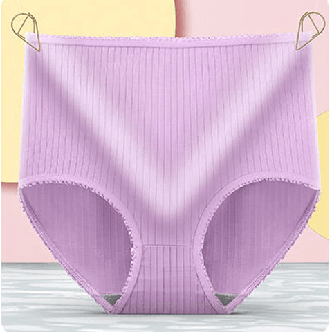 Light purple ribbed leakproof panties detail with gray crotch lining visible