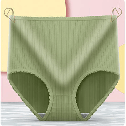 Olive green ribbed leakproof panties detail with ruffled edging and inner lining