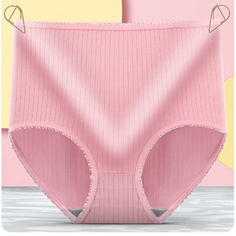 Soft pink ribbed leakproof panties detail with the gray inner crotch panel