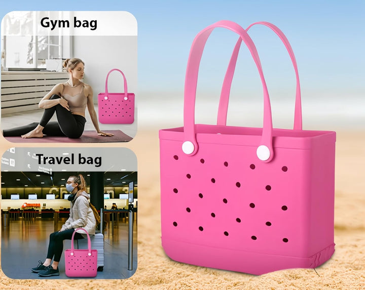 Pink perforated tote with gym bag and travel bag inset photos.