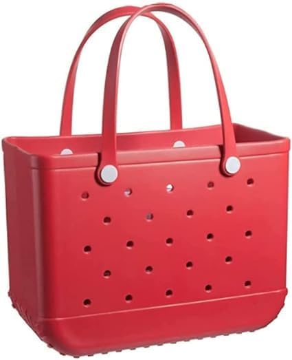Red perforated tote with two handles fastened by white round buttons on a plain background.