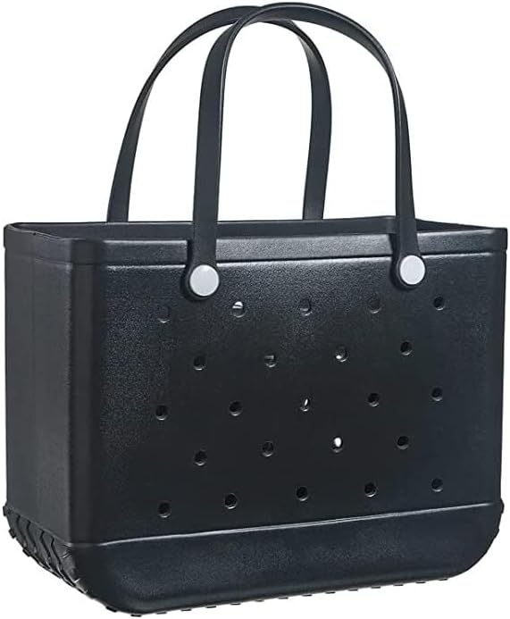 Black rubbery tote with two tall handles attached by round white buttons and rows of drainage holes across the front. 21