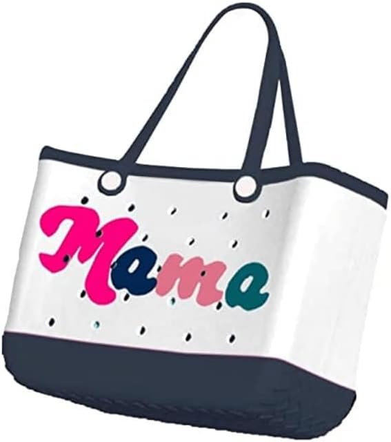 White tote with navy trim and base, round white handle buttons, and a colorful lettered word across the holed front. 22