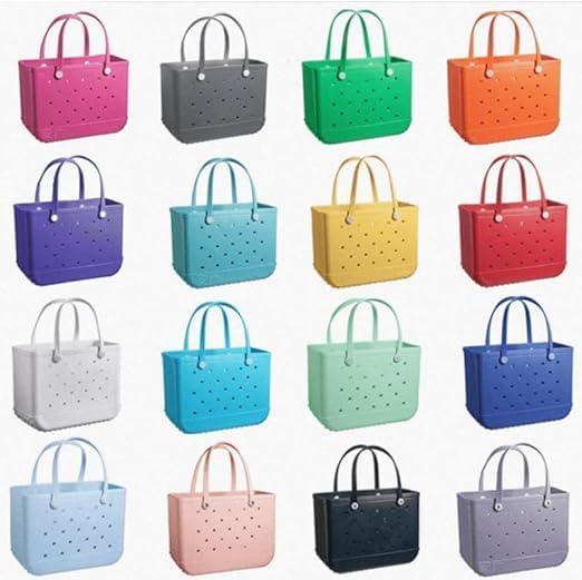 Grid of sixteen totes in assorted colors, including pink, gray, green, orange, purple, teal, yellow, red, white, blue and black. 27