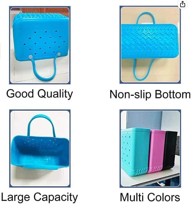 Blue tote detail showing the side, wavy bottom, interior, and pink, black and teal versions.