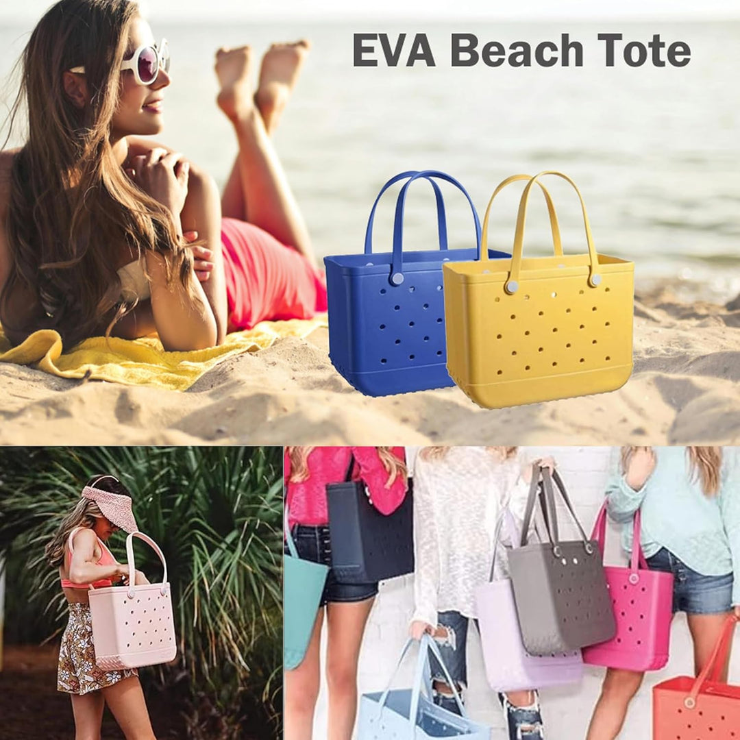 Collage of blue and yellow totes and women holding colorful totes outdoors.