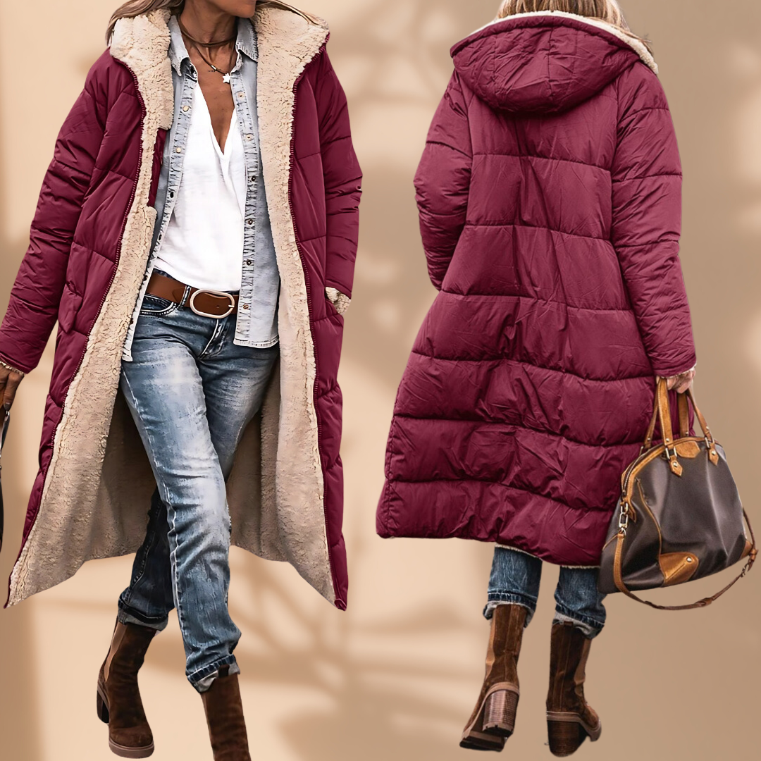 Burgundy quilted long coat with cream fleece lining, shown open from the front and from the back 1