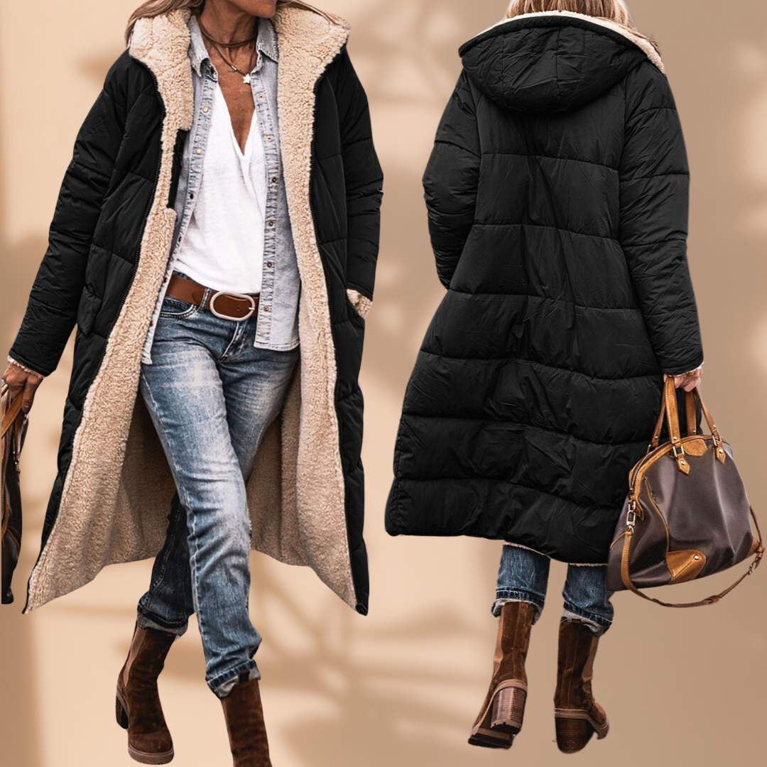 Black quilted long coat with cream fleece lining, front view open and back view with hood 2