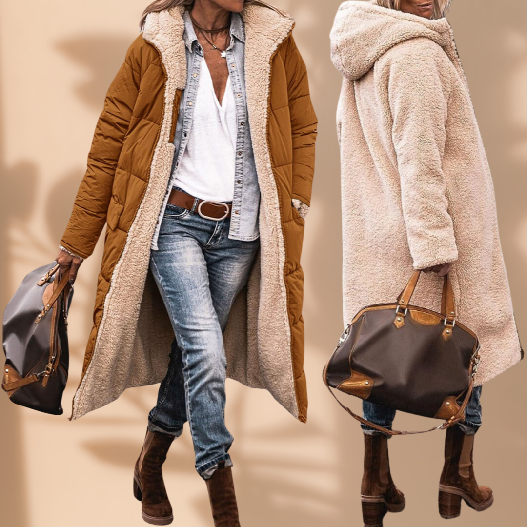 Camel quilted long coat with fleece lining, front view beside a back view showing the fleece side out 3