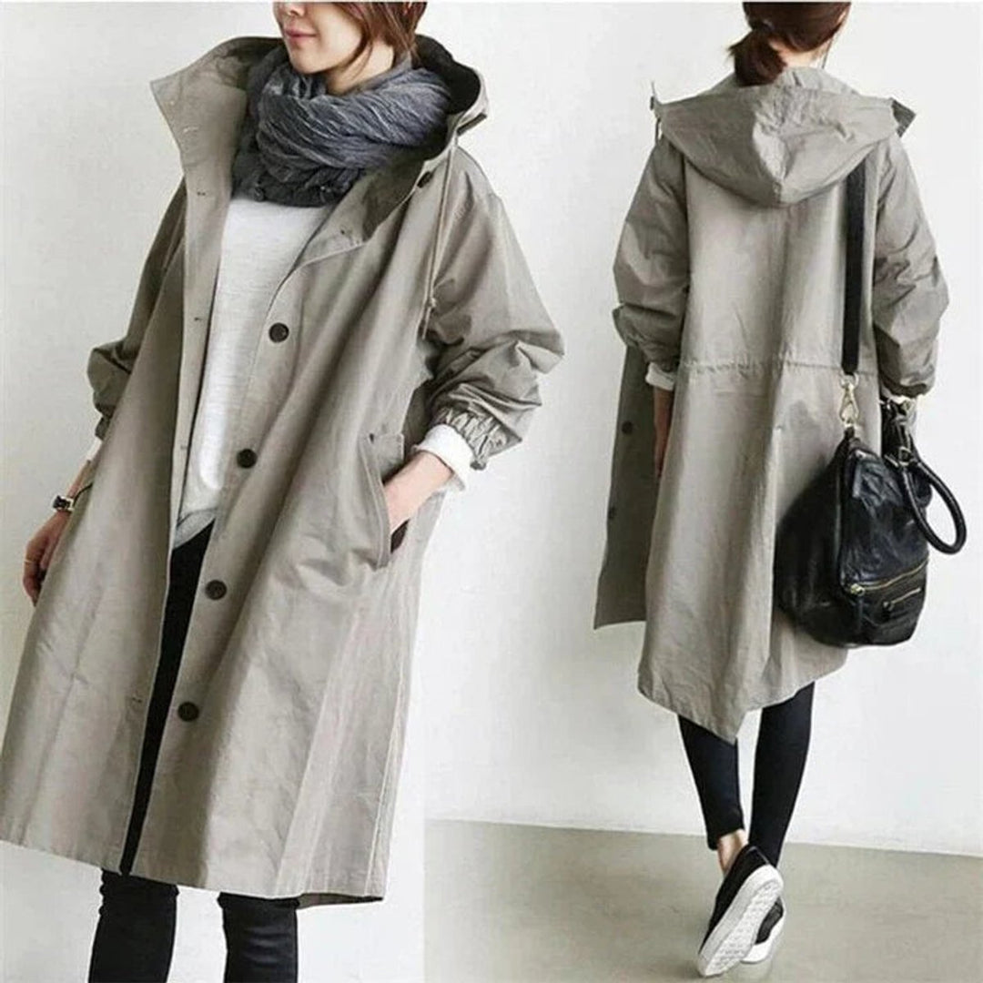 Women's pink hooded longline trench coat, another view
