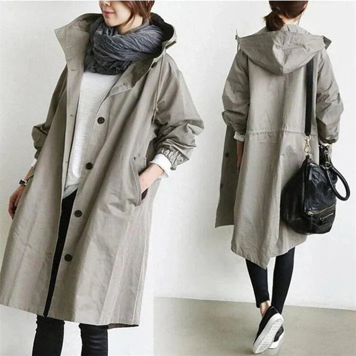 Women's pink hooded longline trench coat, another view