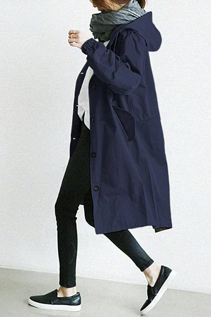 Women's pink hooded longline trench coat, another view