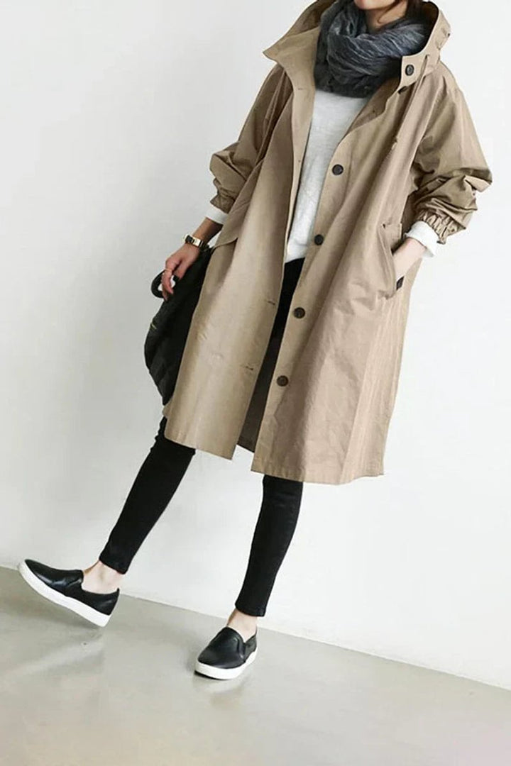 Women's pink hooded longline trench coat, another view