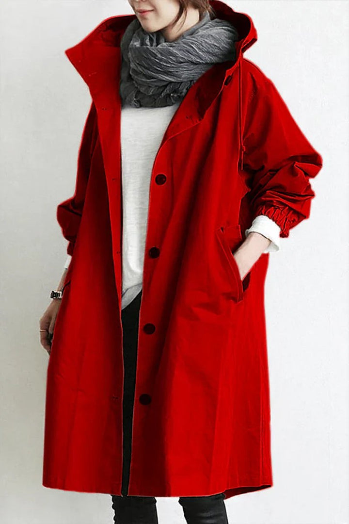 Women's pink hooded longline trench coat, another view