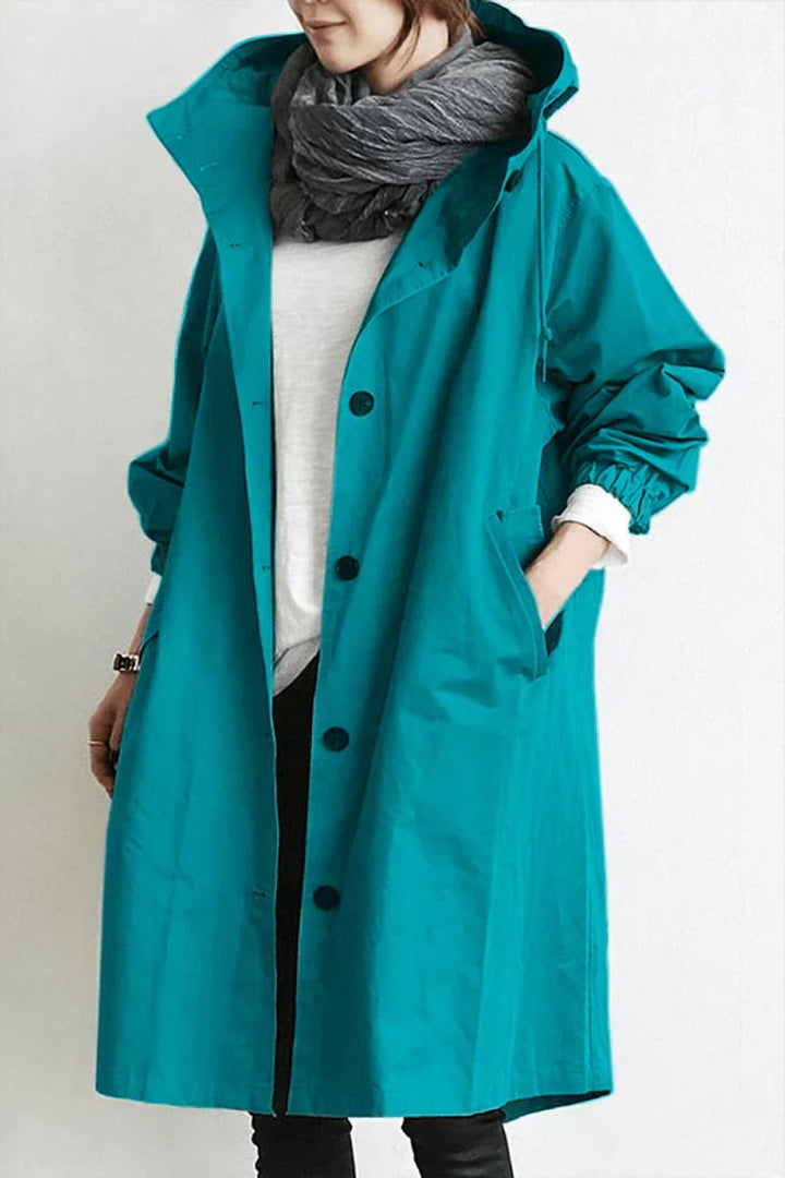 Women's pink hooded longline trench coat, another view