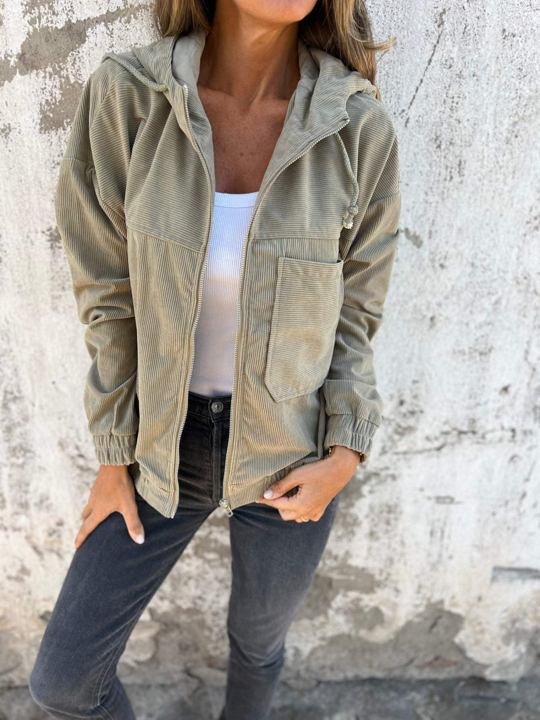 Women's leisure jacket with hood and zipper – Liana-Beige-S-Nora Luxe