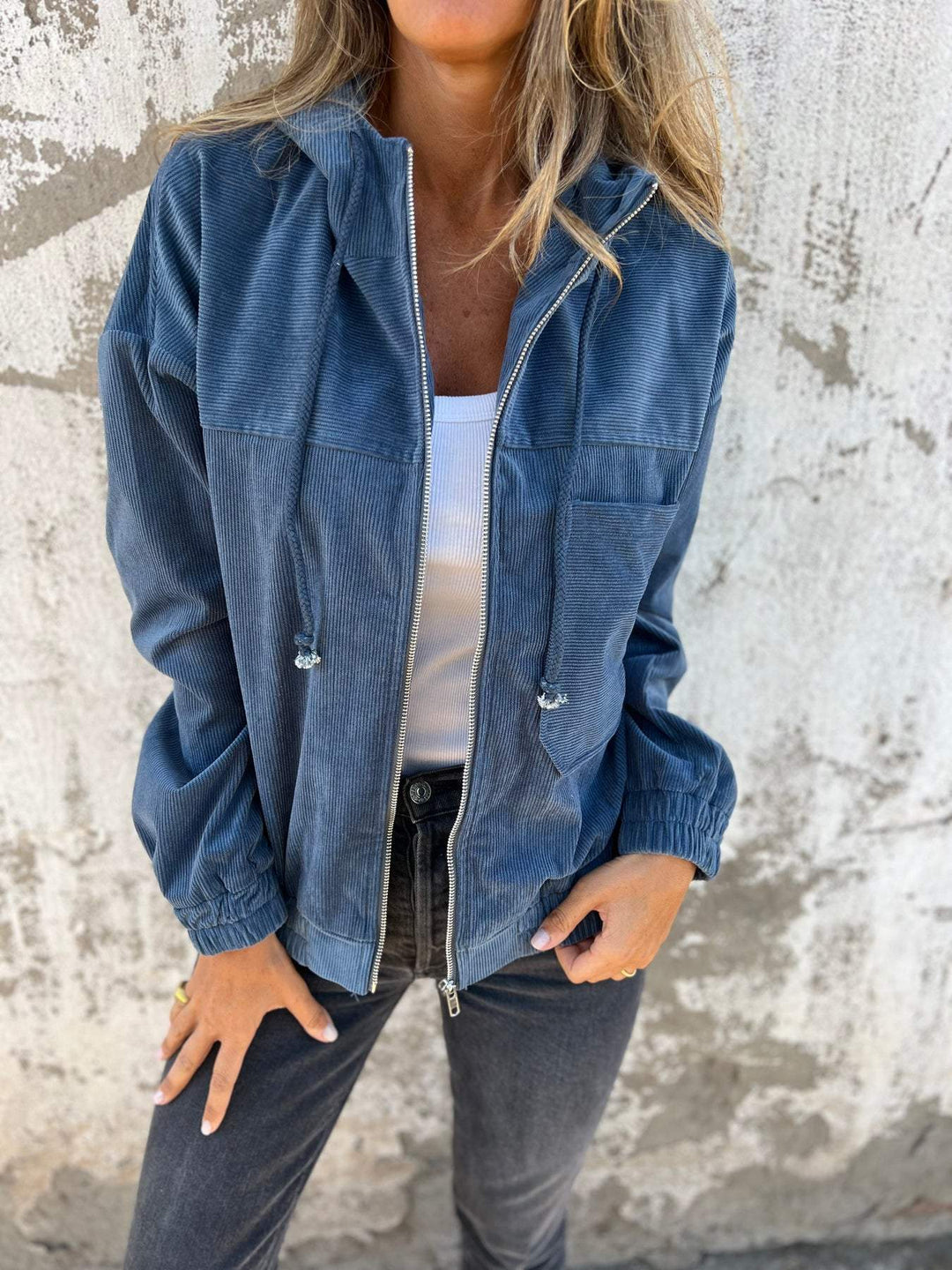 Women's leisure jacket with hood and zipper – Liana-Blue-S-Nora Luxe