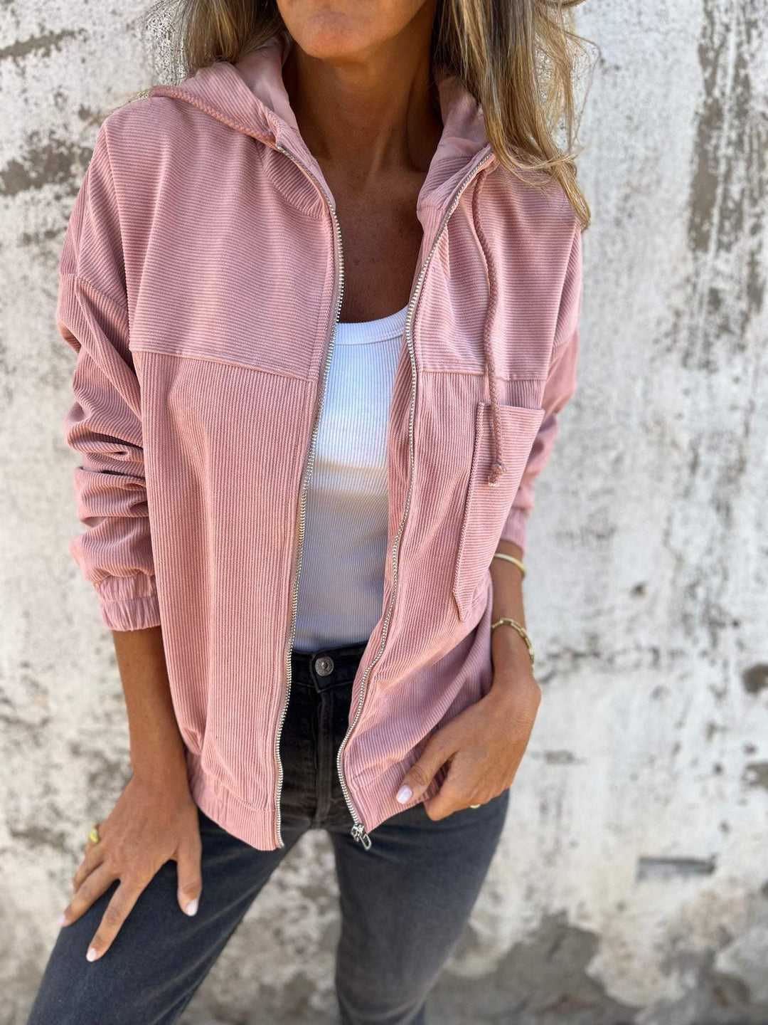 Women's leisure jacket with hood and zipper – Liana-Pink-S-Nora Luxe