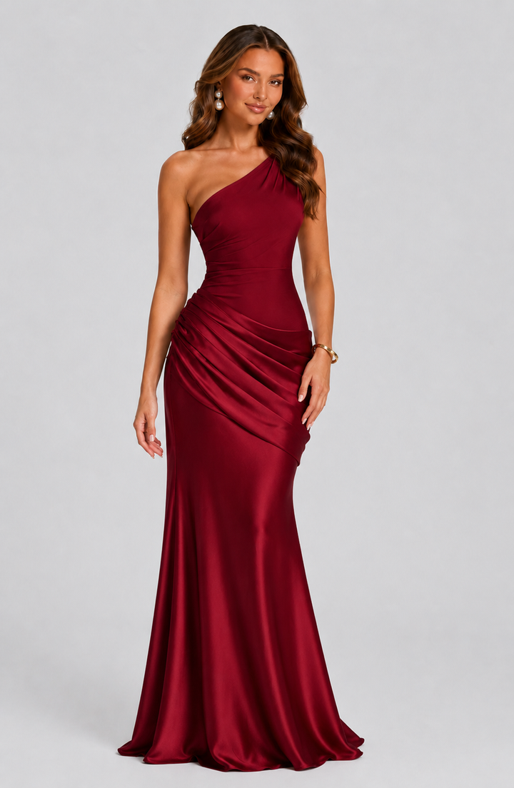 Red one-shoulder satin maxi dress with diagonal drape, front view