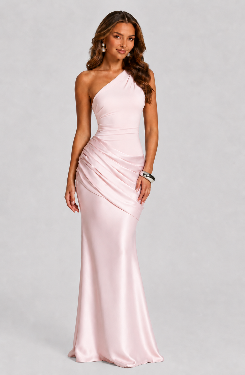 Pink one-shoulder satin maxi dress with draped waist, front view