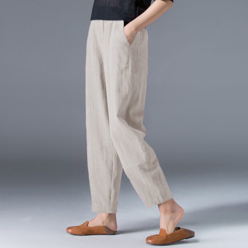 Women's summer trousers made of a linen-cotton blend with an elastic waistband - Clara-Beige-M-The Livary
