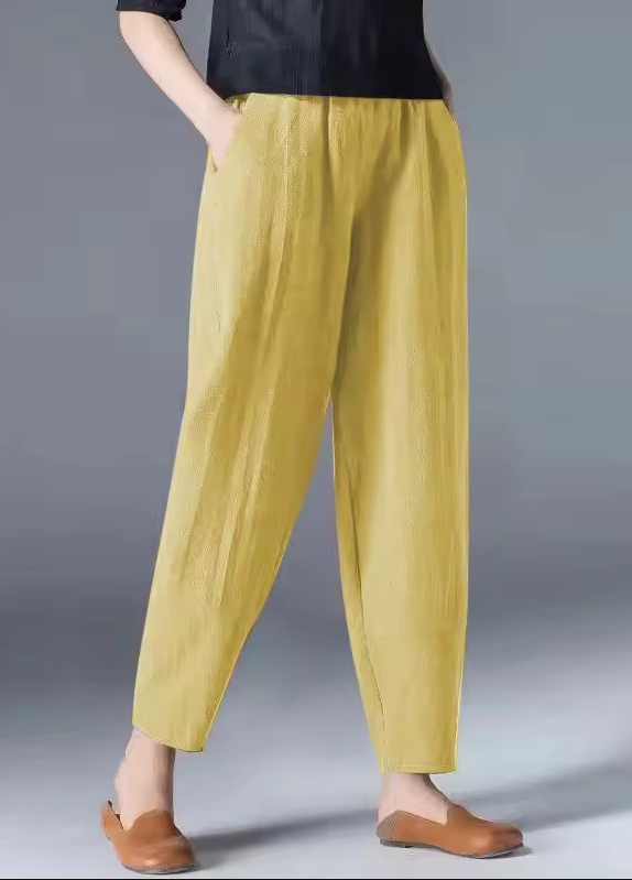 Women's summer trousers made of a linen-cotton blend with an elastic waistband - Clara-Yellow-M-The Livary