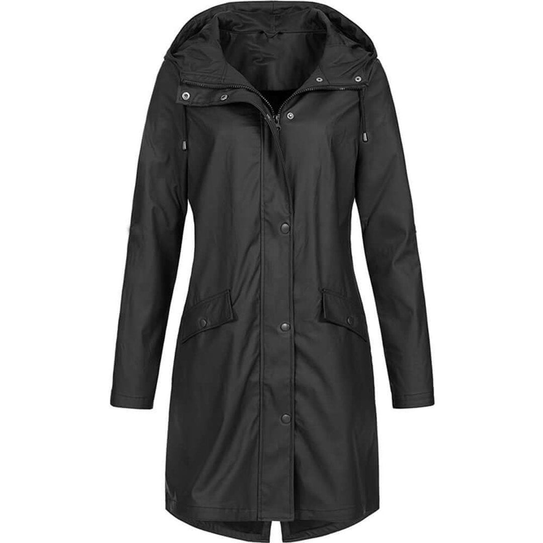 Black hooded coat with snap buttons, zip placket, drawstring hood and two flap pockets, front view.