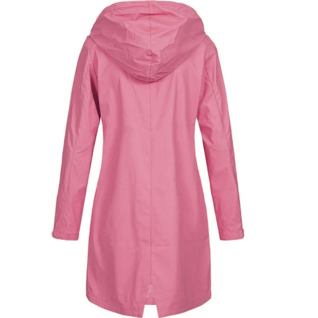 Pink hooded coat with hood, center back seam and slit hem, back view.
