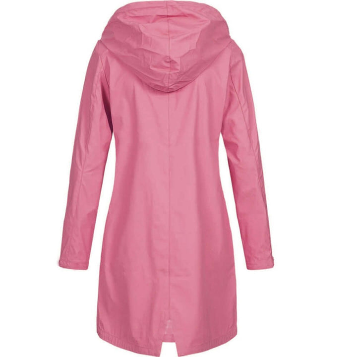 Pink hooded coat with hood, center back seam and slit hem, back view.