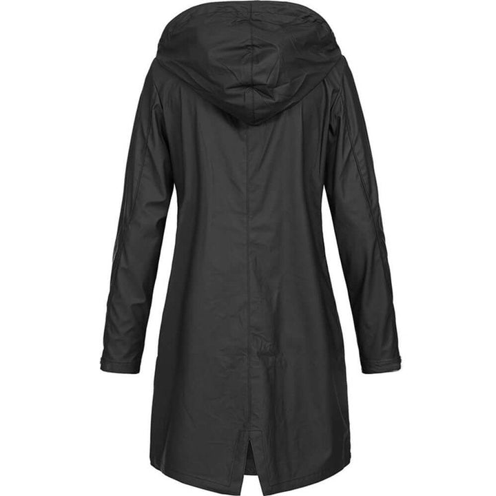 Black hooded coat with center back seam, shaped hood and vented hem, back view.