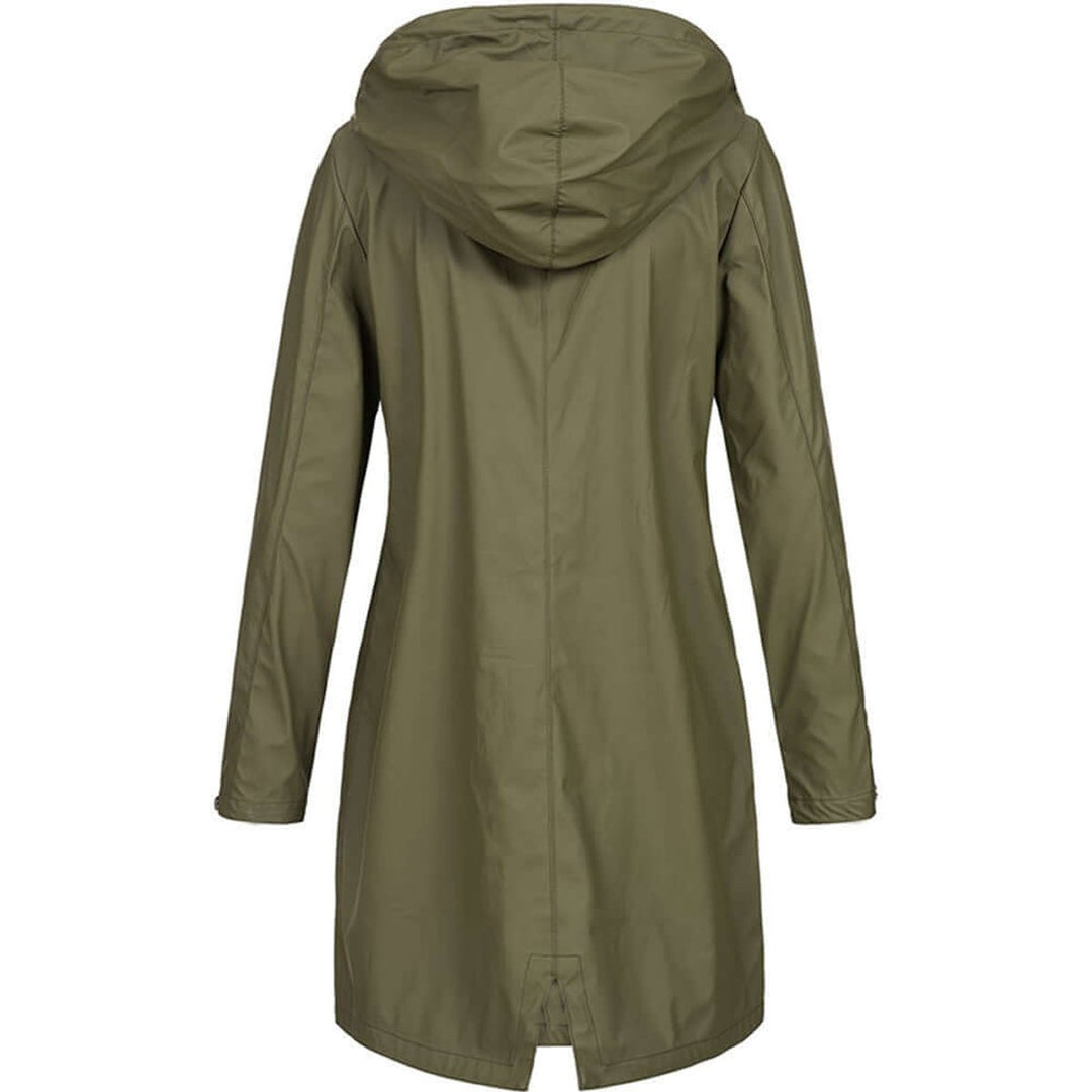 Olive green hooded coat with hood, center back seam and slit hem, back view.
