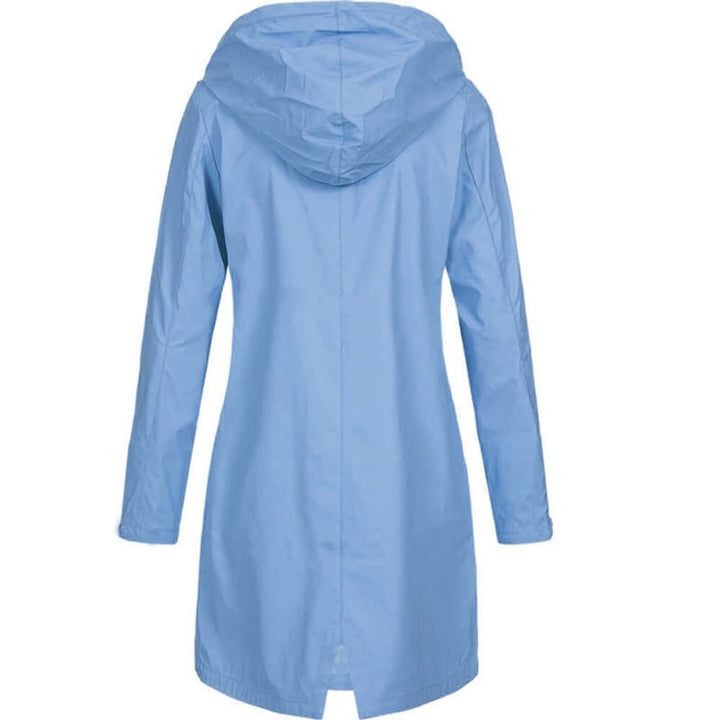 Light blue hooded coat with hood, center back seam and slit hem, back view.