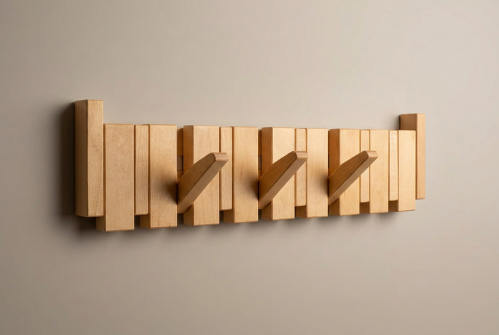 Light maple-toned rack with three angled hooks folded out on a warm gray wall 14